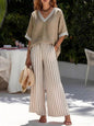 Fashion Women's Casual Striped Comfortable Loose V-Neck Cotton Hemp