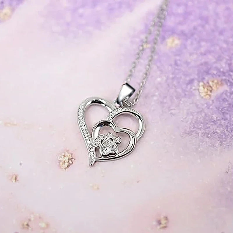 Huitan Sweet Paw Print Shaped Women Pendant Necklace Double Heart Elegant Accessories Inlaid Shiny CZ for Wedding Daily Jewelry
