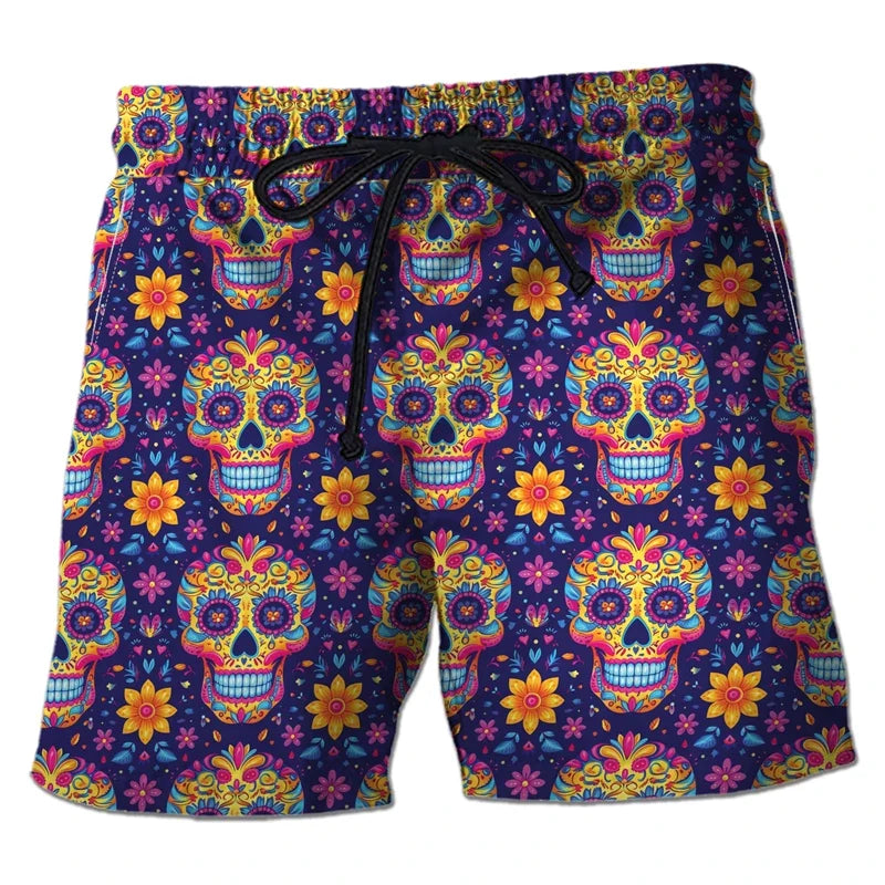 Harajuku Skull Graphic Beach Shorts Hawaiian Male Boardshorts Goth Skeleton Flower Bermudas Hip Hop Short Pants For Men Trousers