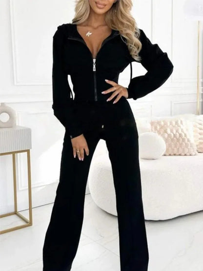 Autumn Winter Hooded Zipper 2 Piece Sweatsuit Women Casual Sets