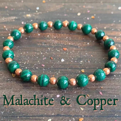 Ruberthen Womens 6 MM AAA Grade Malachite With Copper Beads Bracelet Handmade Yoga Mala Bracelet Stimulates Energy Jewelry