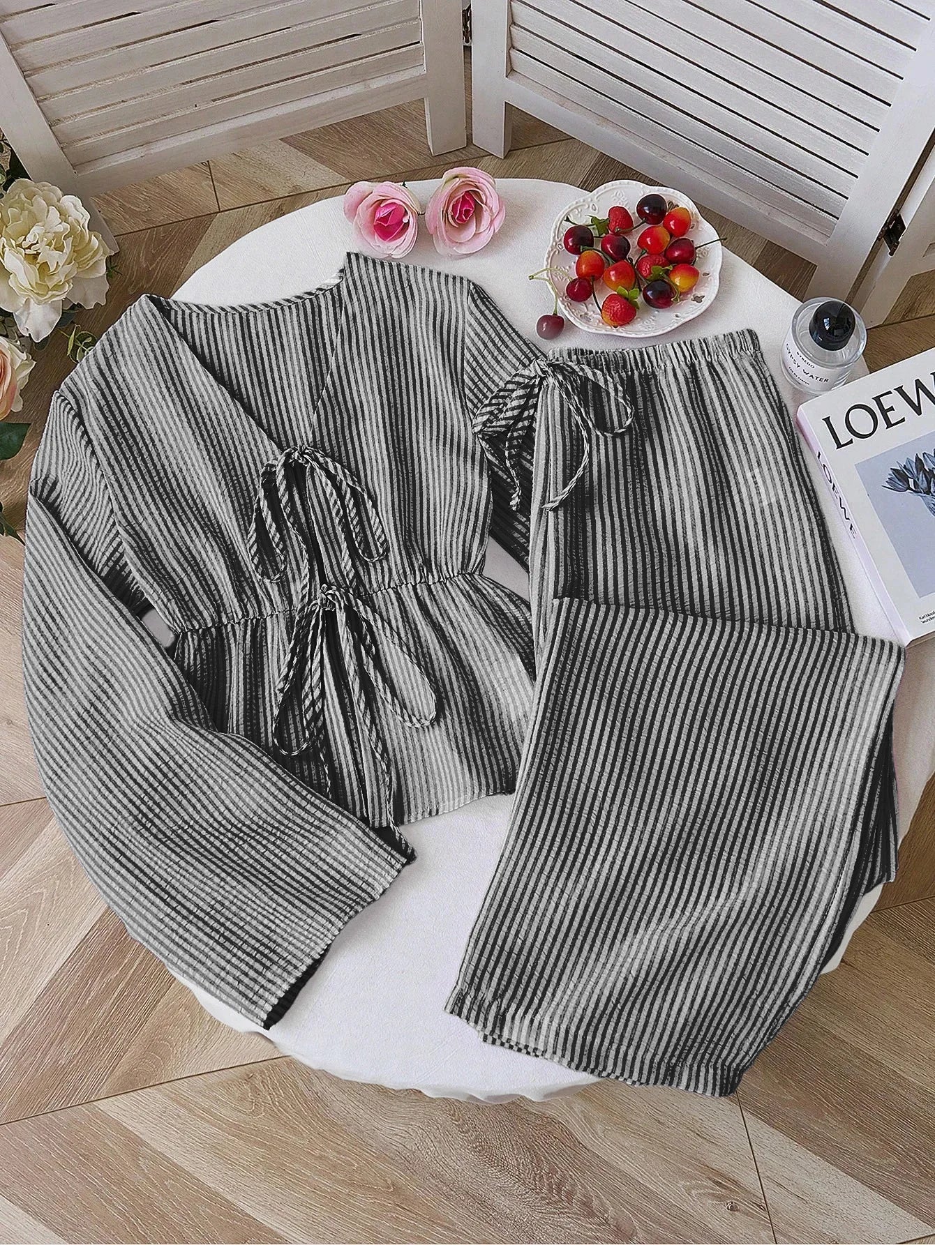 Summer Two Piece Set Women Striped V Neck Lace Up Sleeveless Blouse