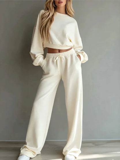 Autumn New Casual O Neck Long-Sleeved Ultra-Short Sweatshirt Trousers