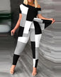 Two Piece Sets Women Outifits 2023 Spring Fashion Geometric Print Slant Neck Short Sleeve Hem Slit Top & Casual Skinny Pants Set