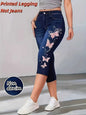 Women High Waist Slim Fit Floral Print Fake Denim 7/8 Cropped Capri Pants, Suitable For Daily Casual & Sports Wear