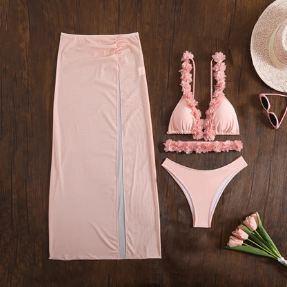 New Solid Color Lace Sexy Three-piece Mesh Dress Bikini