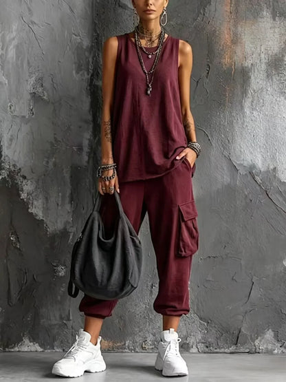Boho Vacation Summer Sport Outfits Woman O Neck Sleeveless Top Big