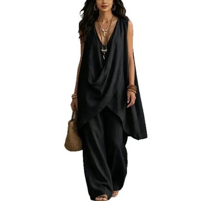 Summer Linen Cotton Sleeveless Stand Collar Set Women Casual Loose Fit
