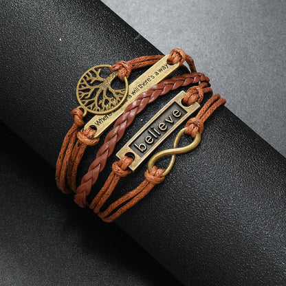 Brown Believe Tree of Life Infinity Charm Faux Leather Bracelet