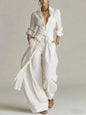 Temperament Female Two Piece Set Summer Fashion Lapel Strap Design Wide Leg Pants Suit With Pocket Lady High Waist Office Outfit