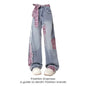 Retro Black Bow Tie Strap Patchwork Jeans Checkered Sweet Women Trouse High Waisted Loose Wide Leg Casual Y2K Denim Pants