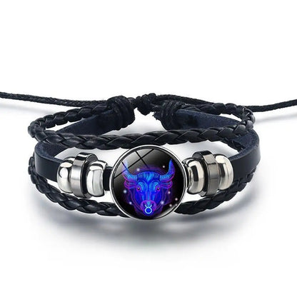12 Constellation Gem Leather Bracelet Men Women Glass Bracelet