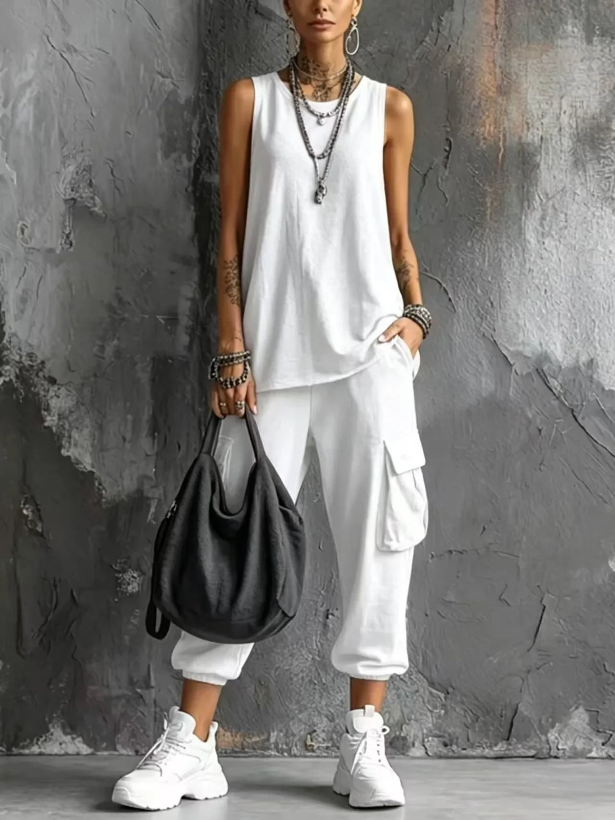 Solid Color Sports Two-piece Set Summer Fashion Sleeveless Top+wide Leg Pants Suit With Pockets Ladies O-neck Streetwear Outfit