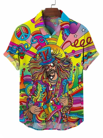 Men's street fashion summer daily shirt men's lapel Hawaiian bear gummie print casual loose shirt short sleeved beach loose top