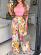 New Women's Sexy Ultra Short Top Set Summer Fashion Printed Corset Waist Long Pants Slim Elegant Female Casual Pants 2 Piece Set