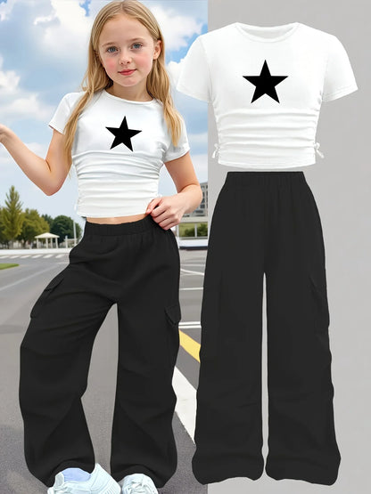 New Summer 2-Piece Set: Star-Print Slim-Fit Crew-Neck Short-Sleeve T-Shirt & Wide-Leg Pants (Stylish Casual Set for Girls)