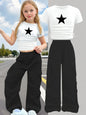 New Summer 2-Piece Set: Star-Print Slim-Fit Crew-Neck Short-Sleeve T-Shirt & Wide-Leg Pants (Stylish Casual Set for Girls)