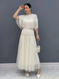 SHENGPALAE Fringe Short Sleeve Knit Top Tulle Maxi Skirt Two Piece Set Elegant Casual Summer Women Outfit 2026 New Summer