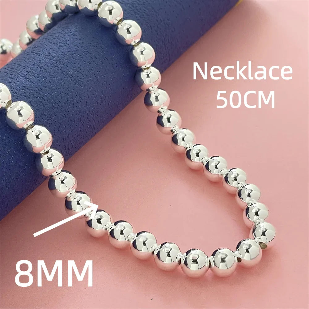 925 Sterling Silver Round Bead Chain Necklace 4/6/8mm Smooth Ball Beads 40-60CM Choker Necklaces for Women Daily Jewelry