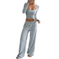 Women's Striped 2 Piece Outfits Long Sleeve Square Neck Cropped Top Drawstring Wide Leg Pants Set Casual Lounge Lady Sweatsuits