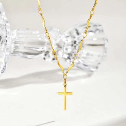 Minimalist Stainless Steel Cross Pendant Necklace, Non-fading Gold Plated Wave Chain Charm Necklace, Exquisite Jewelry for Women