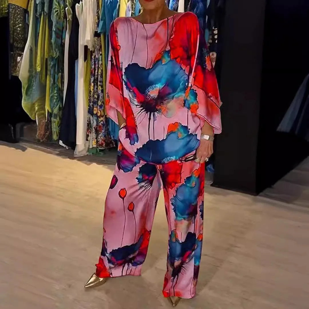 Casual Sets for Women 2 Pieces Summer Fashion Printed Satin Two Piece