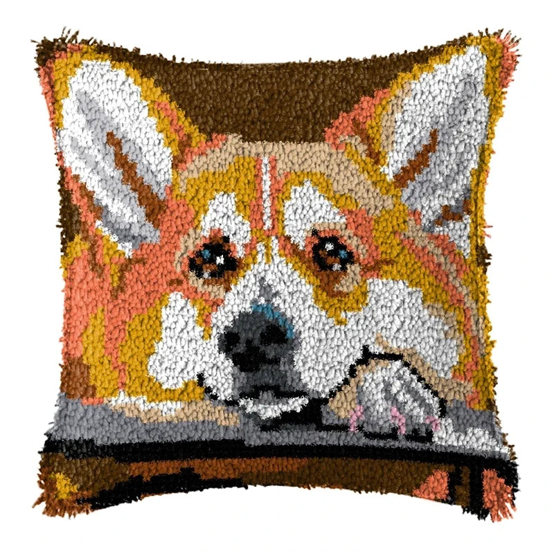 Cunning Fox Smyrna Buttons Package Latch Hook Pillow Kit Bunny Embroidery Design Plush Animal Canvas Craft for Home Decor Gifts