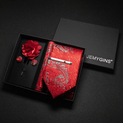 Wine red Men Tie Paisley Silk Tie Pocket Square Cufflink Luxury Gift Box Set Wedding Gravat Accessories Neck Tie For Men