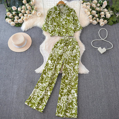 Beach Style Fashion Printed Women Pant Sets 2pcs Short Chiffon Shirts+Wide Leg Pants 2025 New Summer Casual Loose Female Suits
