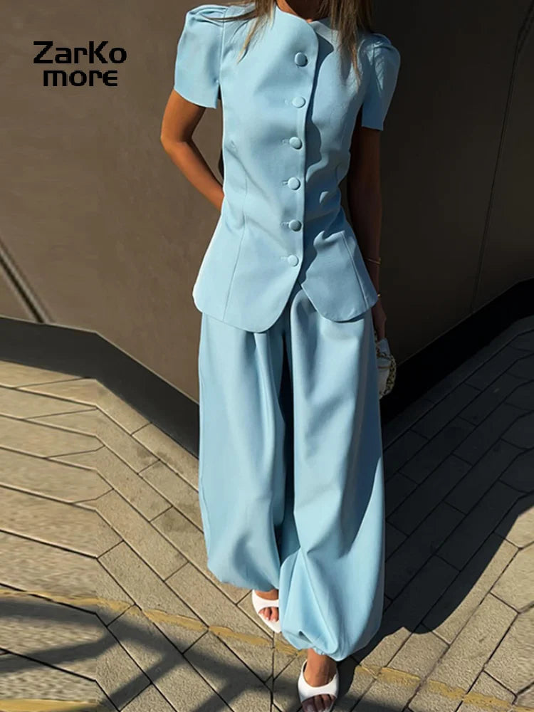 Casual Women's Waist Cinched Blazer Pants Set O-Neck Puff Sleeve
