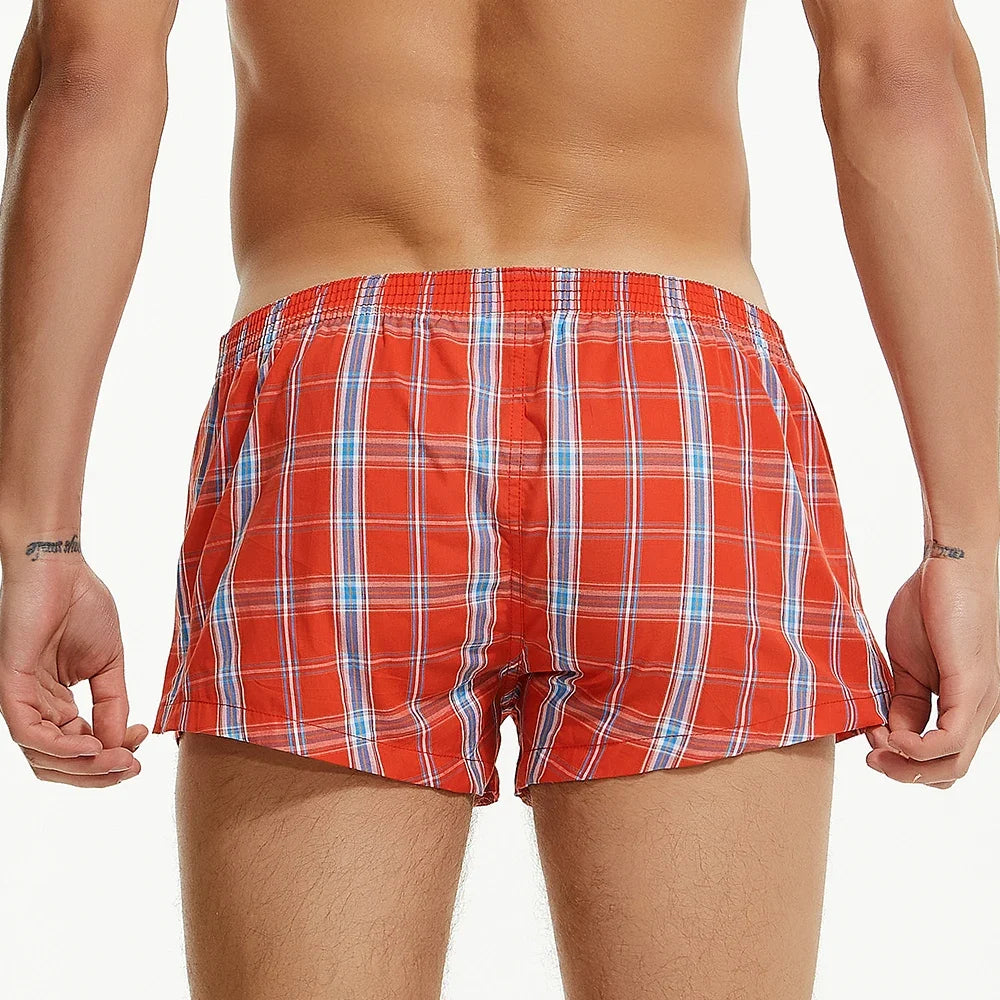SEOBEAN MENS SEXY COTTON SHORTS HOME COMFORT CHECKERED FIT TRUNKS