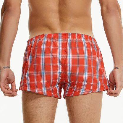 SEOBEAN MENS SEXY COTTON SHORTS HOME COMFORT CHECKERED FIT TRUNKS