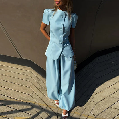 Casual Women's Waist Cinched Blazer Pants Set O-Neck Puff Sleeve
