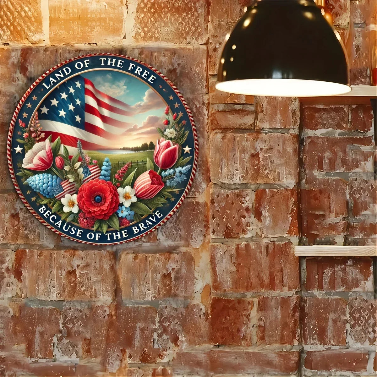 Patriotic Aluminum Foil Engraved Sign - Freedom Land Metal Wreath Door Decor, Round Plaque for Home Decor
