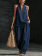 Women's Solid Color Denim 2 Piece Set Halter V-Neck Sleeveless Top High Waist Wide Leg Jeans Casual Vacation & Streetwear Outfit
