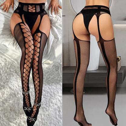 Black Women Fashion Tights Fishnet Stockings Female EroticLingerie Lace Mesh Hollow Out Sexy Stripes Garter  Pantyhos Club Party
