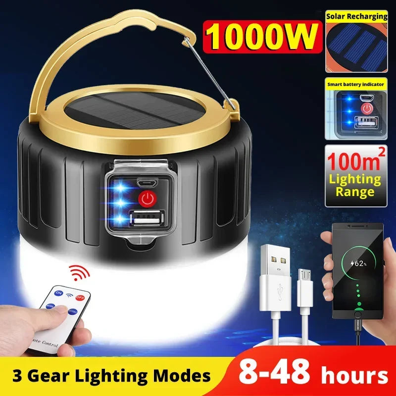 Powerful Solar LED Camping Lamp Waterproof Portable Lanterns Emergency Lights For BBQ Hiking USB Rechargeable Tent Lanterns