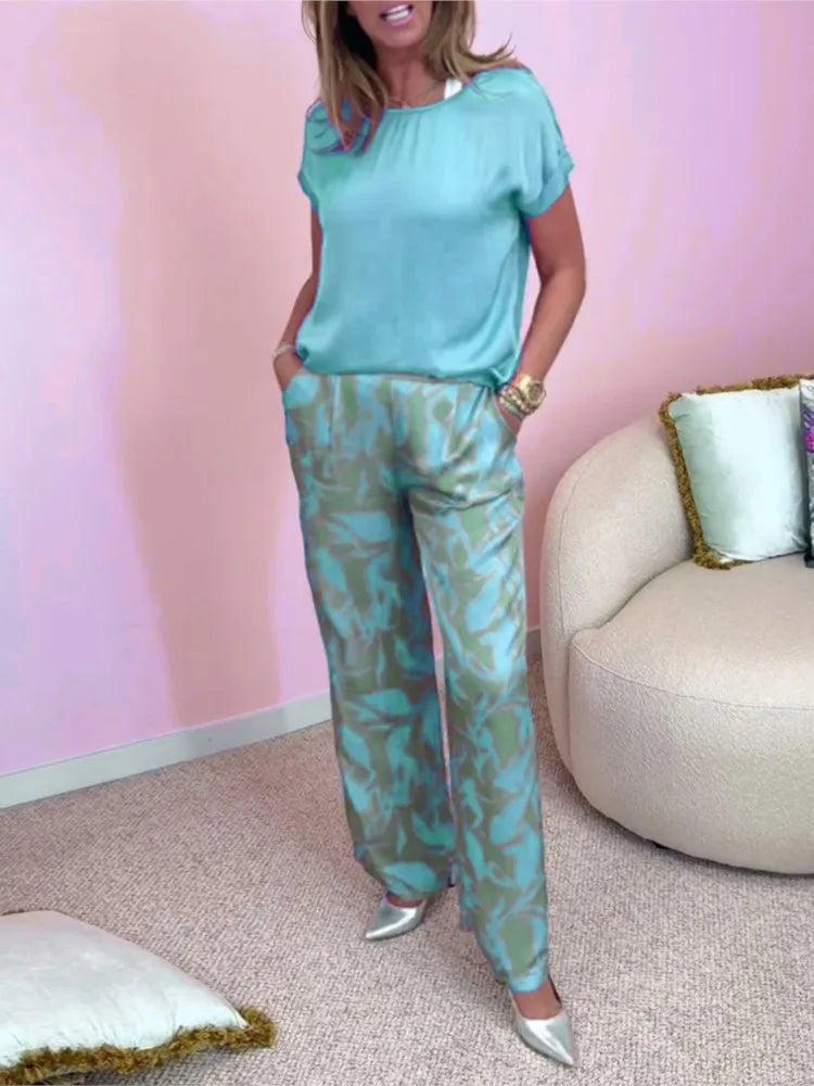 Casual O Neck Short Sleeved T Shirt Printed Trousers 2 Piece Spring
