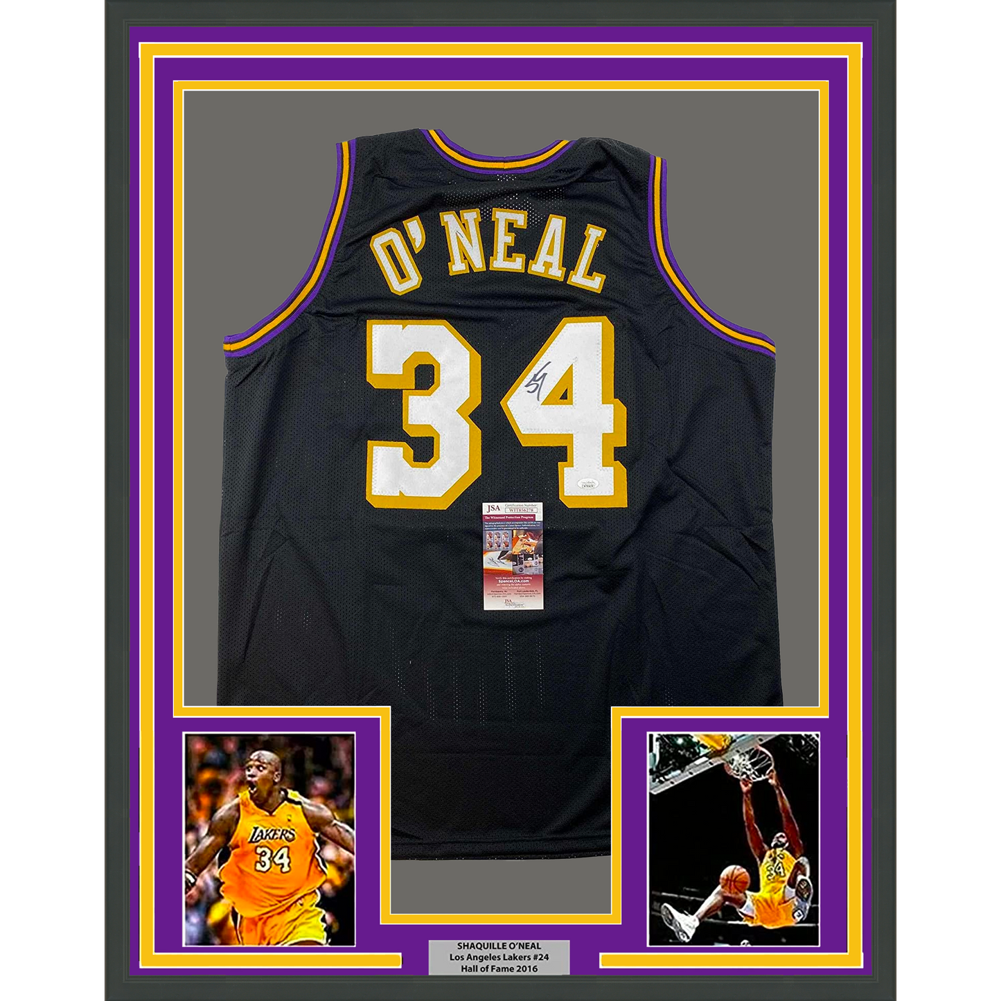 Framed Autographed/Signed Shaquille Shaq O'Neal 35x39 Los Angeles LA Black Basketball Jersey JSA COA