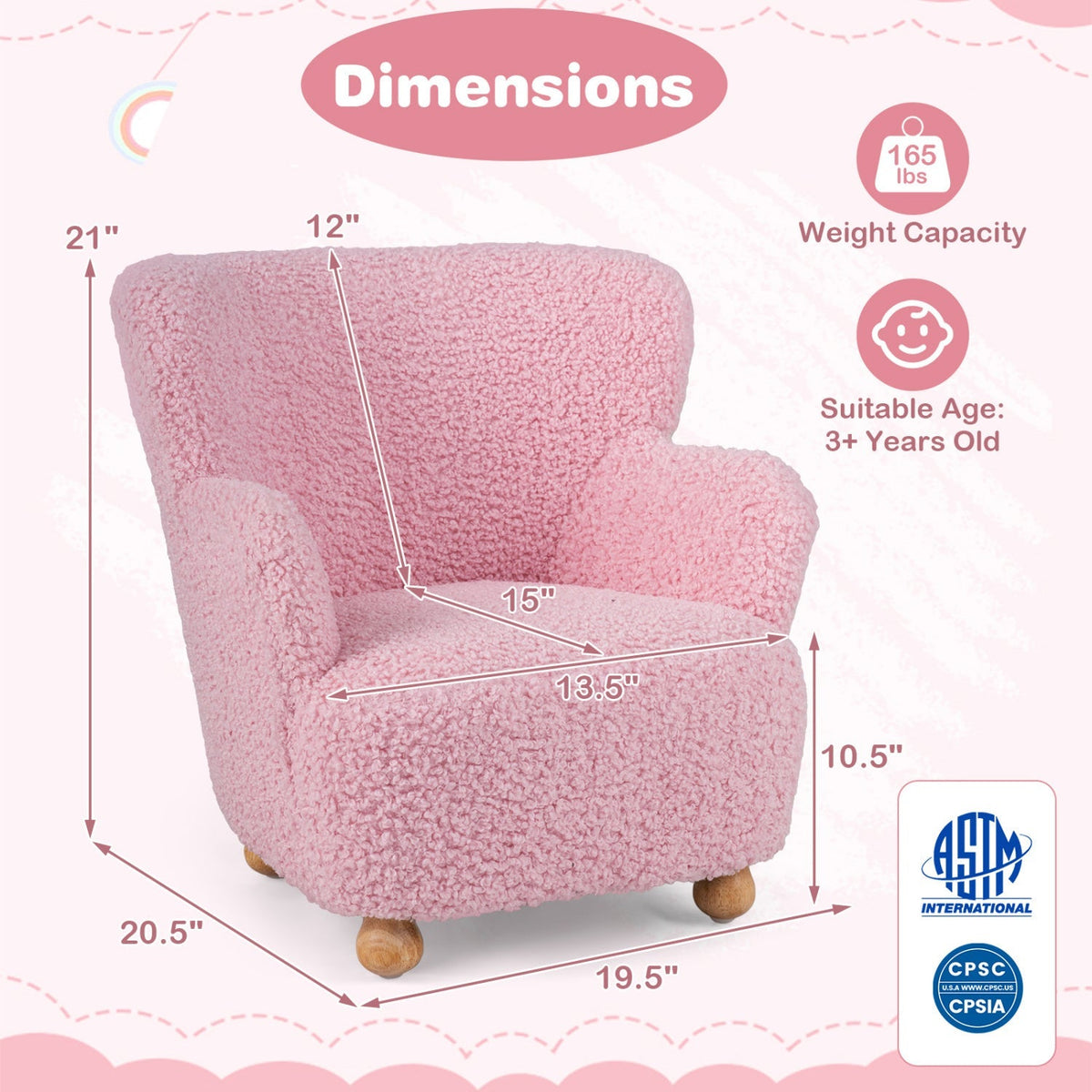 Kids Sherpa Armchair with Solid Wood Legs - Light Pink