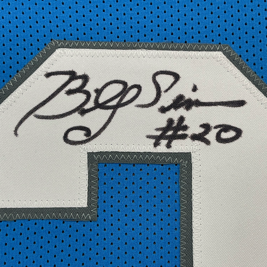 Framed Autographed/Signed Billy Sims 80 ROY 35x39 Detroit Blue Football Jersey JSA COA