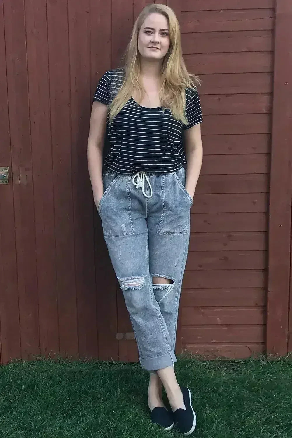Sky Blue Gather Round Distressed Pocketed Hole Denim Jogger