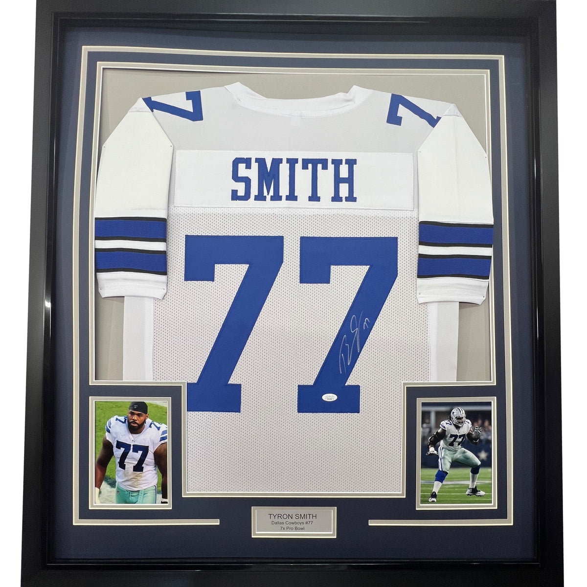 Framed Autographed/Signed Tyron Smith 35x39 Dallas White Football Jersey JSA COA