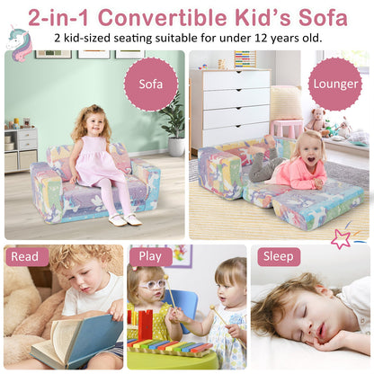 2-in-1 Flip Out Kids Sofa Chair with Detachable Flannel Fabric Cover and Glowing Patterns-Color