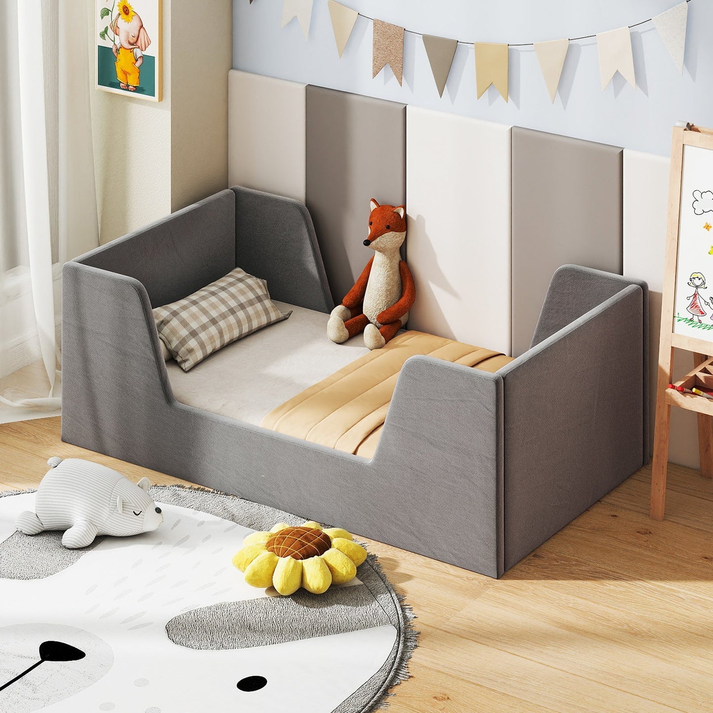 Soft Velvet Fabric Toddler Bed Frame with Safety Rails