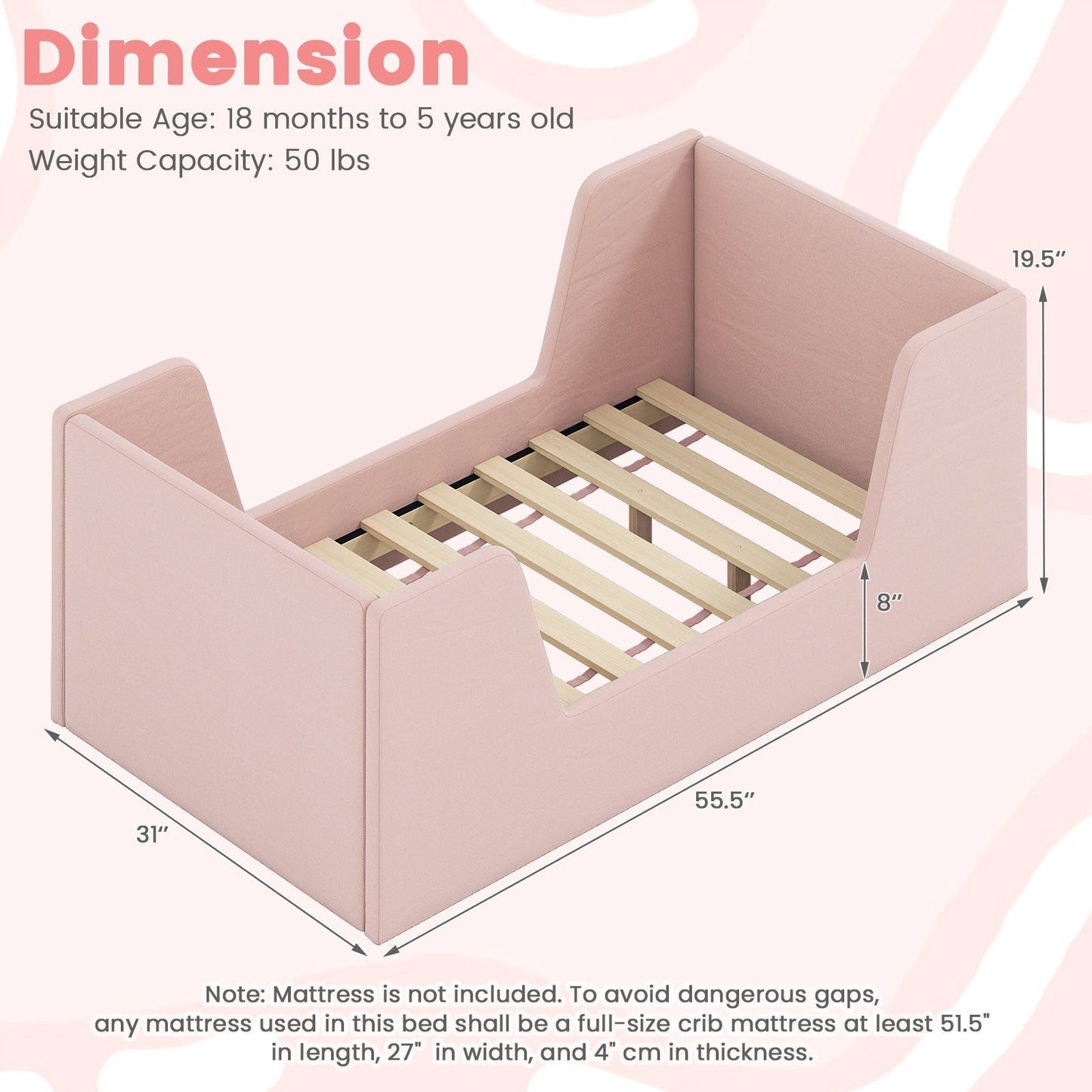 Soft Velvet Fabric Toddler Bed Frame with Safety Rails