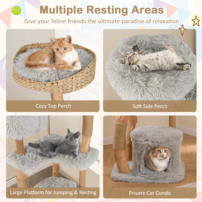 Solid Wood Cat Tower with Top Cattail Basket Cat Bed-Gray