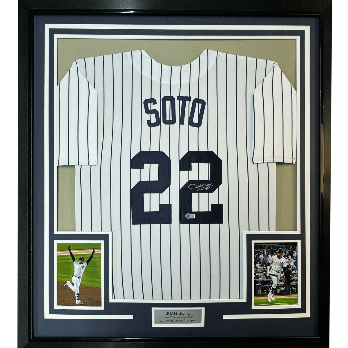 Framed Autographed/Signed Juan Soto 35x39 New York Pinstripe Baseball Jersey Beckett BAS COA