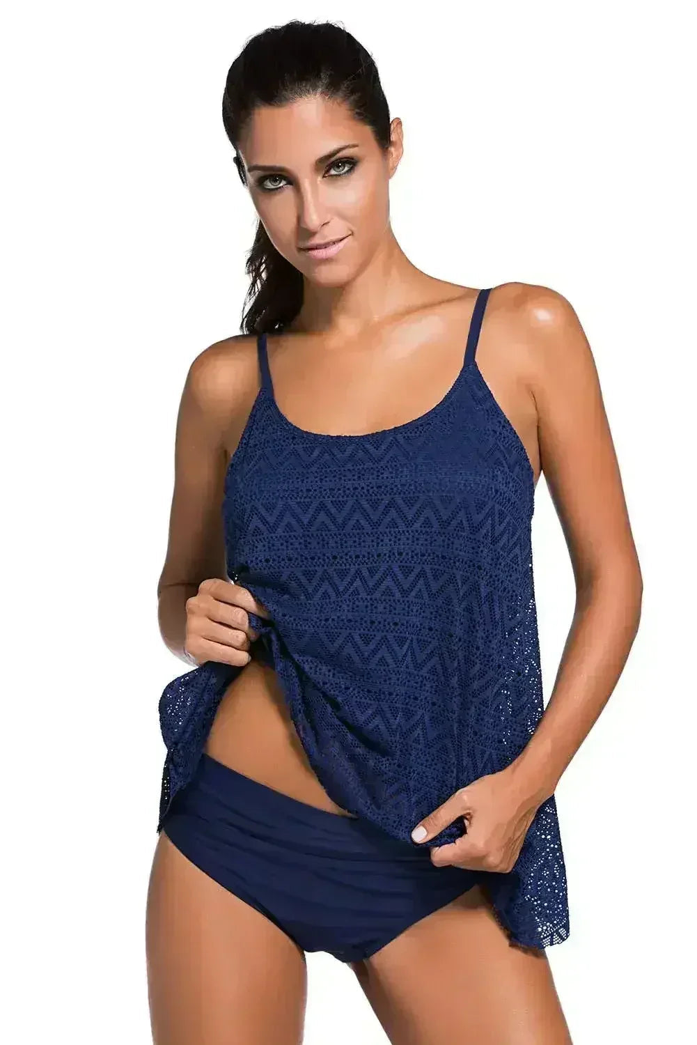Spaghetti Straps Navy Blue Lace Overlay Tankini Swimsuit