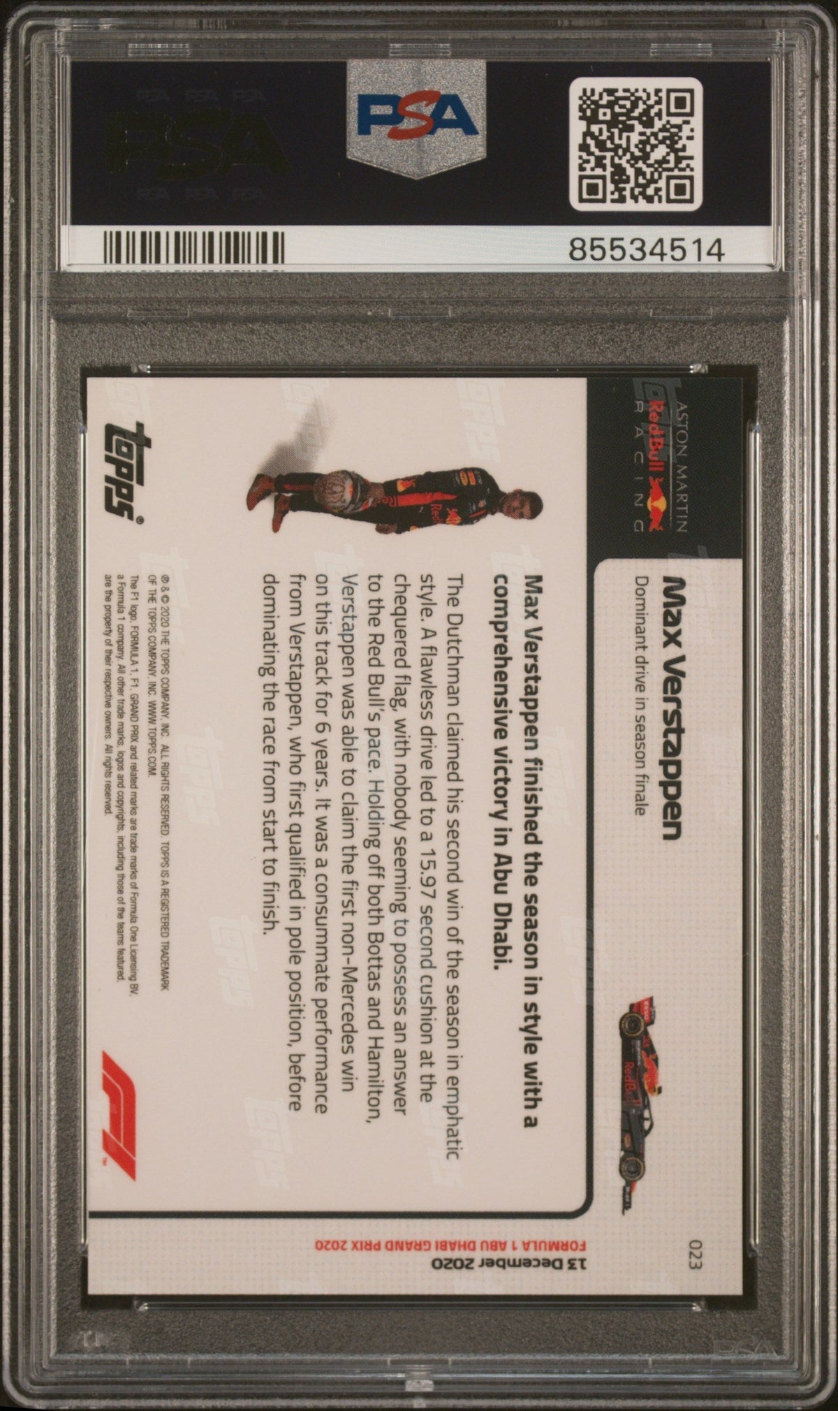 Graded 2020 Topps Now Max Verstappen #23 Formula 1 F1 Racing Card PSA 10 Gem Mint